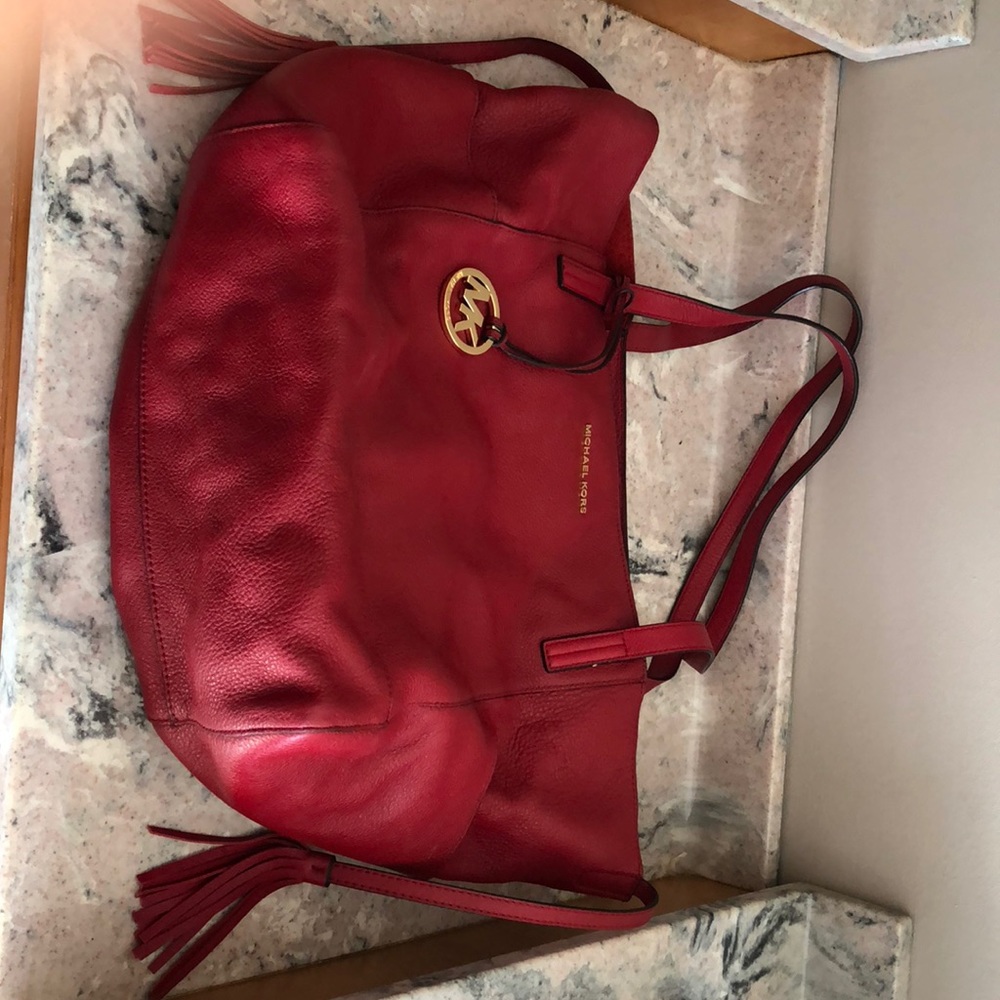 Michael Kors red tote 14” deep 12” wide 12” long